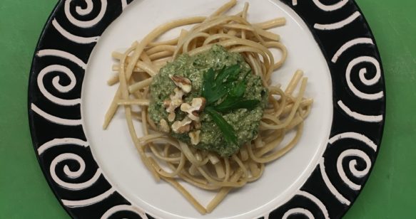 Whole Wheat Pasta with Parsley, Walnut and Black Olive Pesto