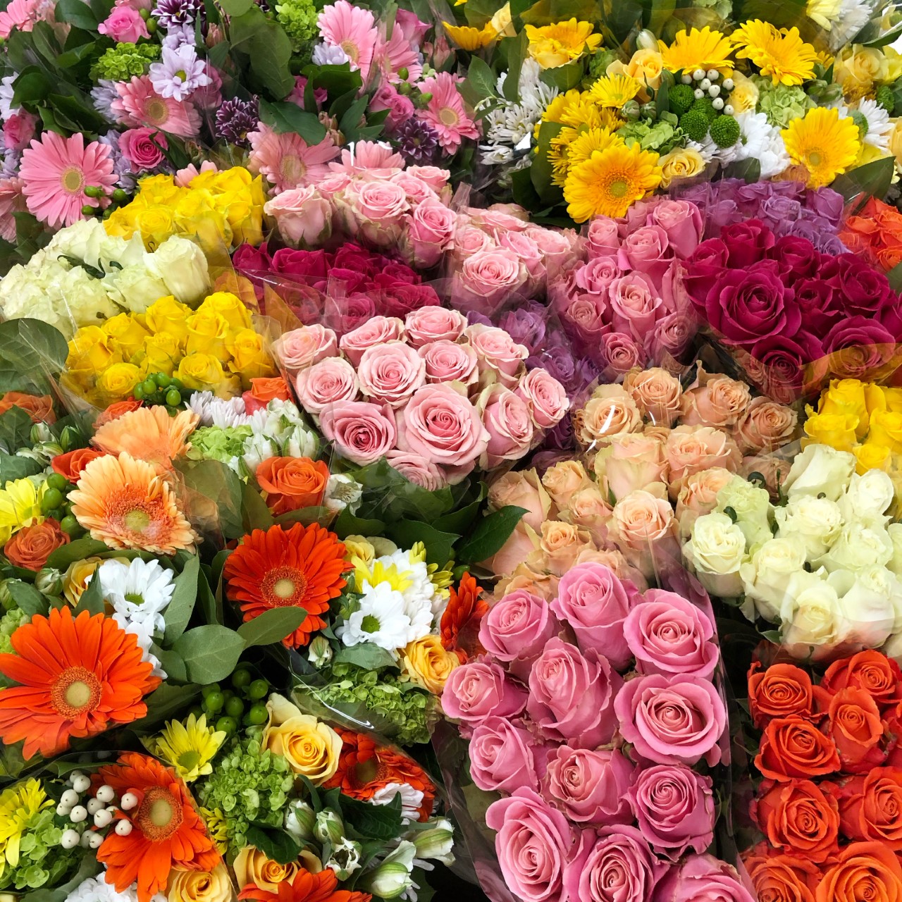 Many bouquets of flowers at the Fruit Center's flower department.