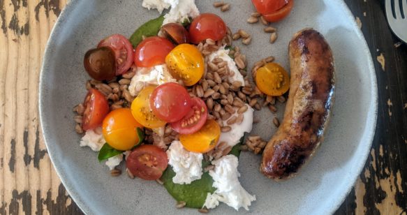 Seared Sausage with Marinated Tomatoes, Pesto and Farro