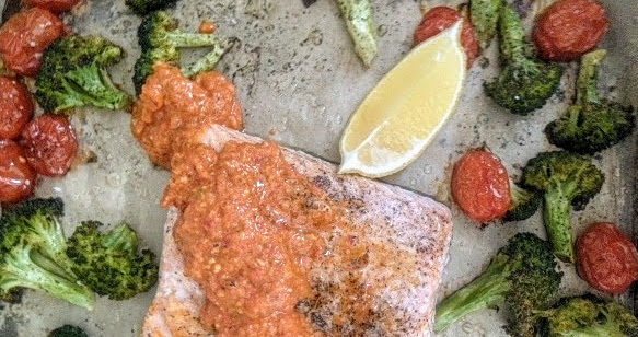 Roasted Salmon with Broccoli and Cherry Tomatoes