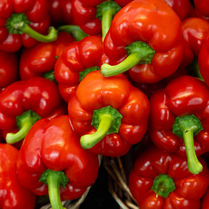 Fresh red peppers on display